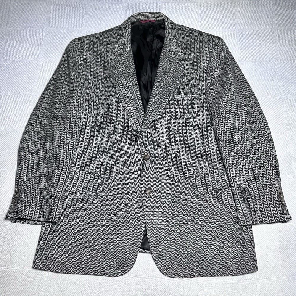 Vintage Jos A Bank Blazer Mens 44R Herringbone Tweed Wool Two Button Jacket